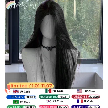 여성용 블랙 가발, 긴 스트레이트 헤어 머리띠, 레이스 프론트 가발, 코스프레 기질, 일상 사용, 로리타 블랙 합성 가발