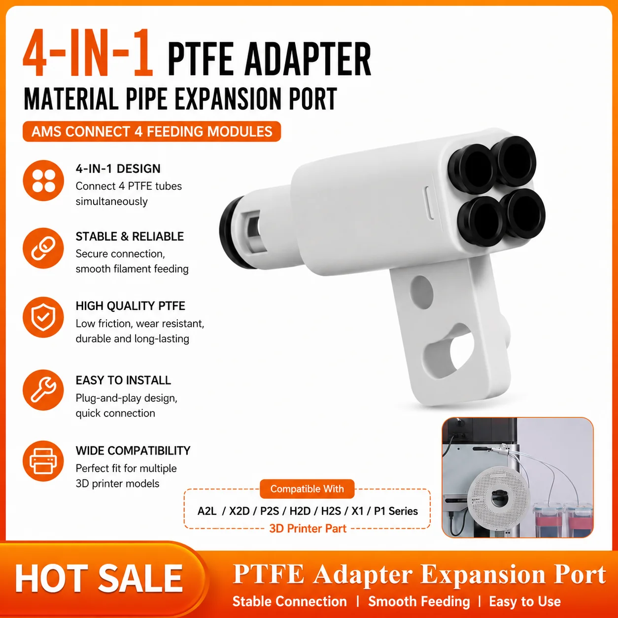 Creativity 4-in-1 PTFE Adapter Filament Tube Expansion Port AMS Connect 4 Feeding Modules For A2L/X2D/P2S/H2D/H2S/X1/P1 3d Parts
Creativity 4-in-1 PTFE Adapter Filament Tube Expansion Port AMS Connect 4 Feeding Modules For A2L/X2D/P2S/H2D/H2S/X1/P1 3d Parts
