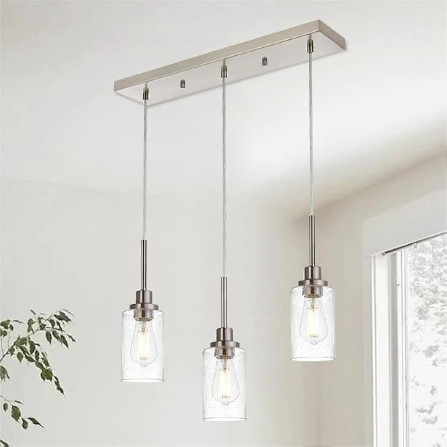 Industrial Pendant Lighting, 3-Lights Adjustable Height Hanging Light Fixtures with Seeded Glass Shade, Brushed Nickel Kitchen
Industrial Pendant Lighting, 3-Lights Adjustable Height Hanging Light Fixtures with Seeded Glass Shade, Brushed Nickel Kitchen