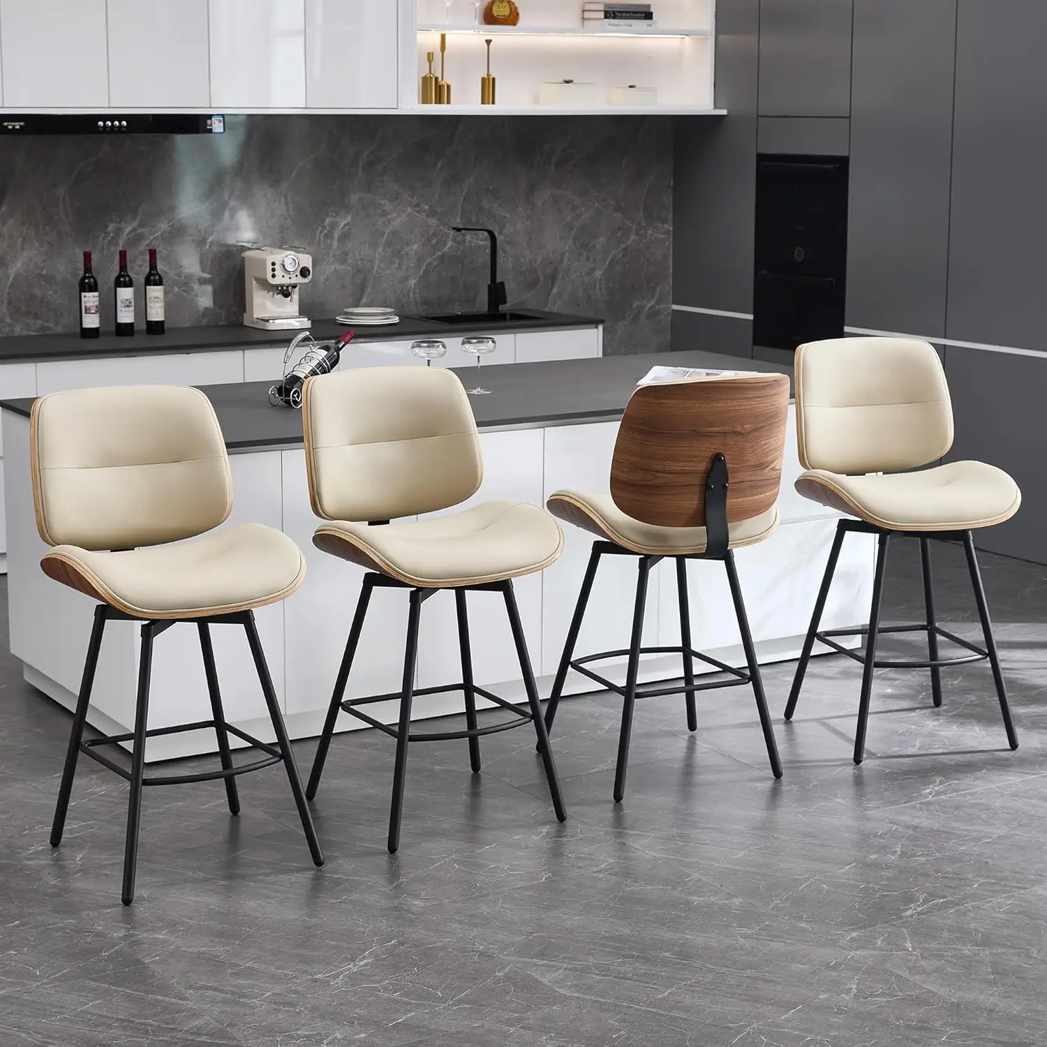 27" Swivel Bar Stools Set Of 4, Mid Century Modern Counter Height Barstools With Walnut Back And Metal Legs,, Customized
27" Swivel Bar Stools Set Of 4, Mid Century Modern Counter Height Barstools With Walnut Back And Metal Legs,, Customized