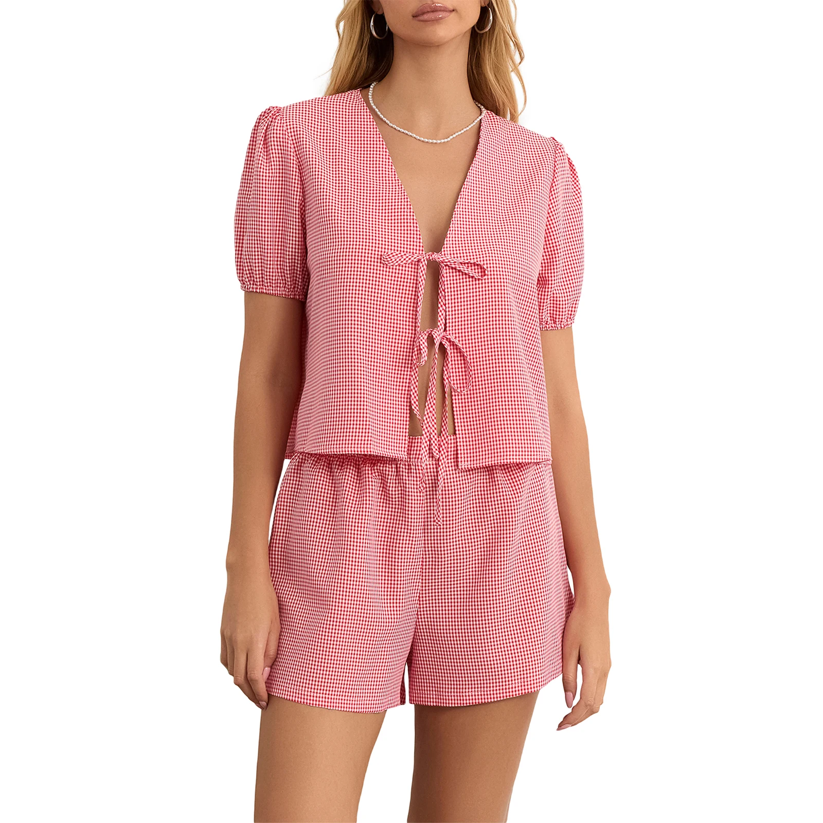 Women's Plaid Outfit Female Loose V Neck Puff Sleeve Front Tie-Up Tops Elastic Waist Shorts 2 Piece Summer Set Streetwear
Women's Plaid Outfit Female Loose V Neck Puff Sleeve Front Tie-Up Tops Elastic Waist Shorts 2 Piece Summer Set Streetwear