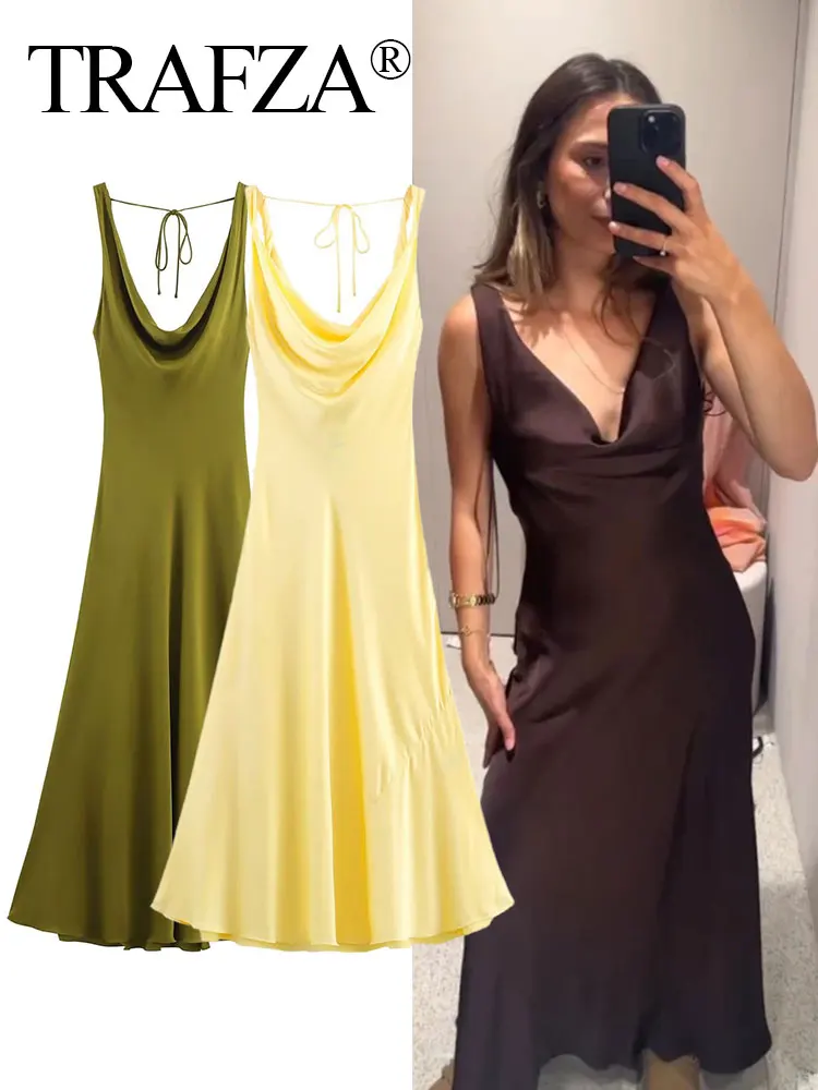 TRAFZA Summer Satin Texture Elegant Party Midi Dress For Women Sleeveless Backless Swinging Neck Lace-up Vacation Style Dresses
TRAFZA Summer Satin Texture Elegant Party Midi Dress For Women Sleeveless Backless Swinging Neck Lace-up Vacation Style Dresses
