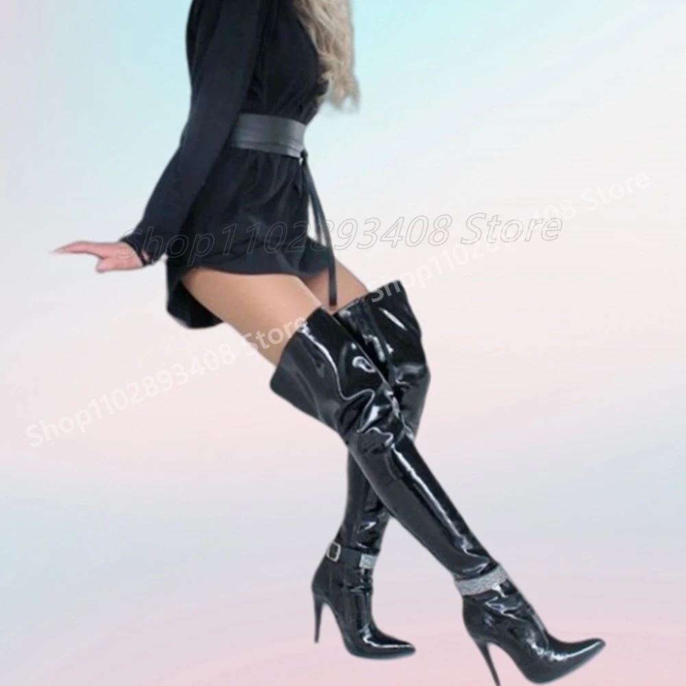 Crystal Ankle Buckle Belt Over the Knee Boots Black Patent Leather Sexy Stiletto High Heel Women Shoes 2024 Autumn Para Mujere
Crystal Ankle Buckle Belt Over the Knee Boots Black Patent Leather Sexy Stiletto High Heel Women Shoes 2024 Autumn Para Mujere