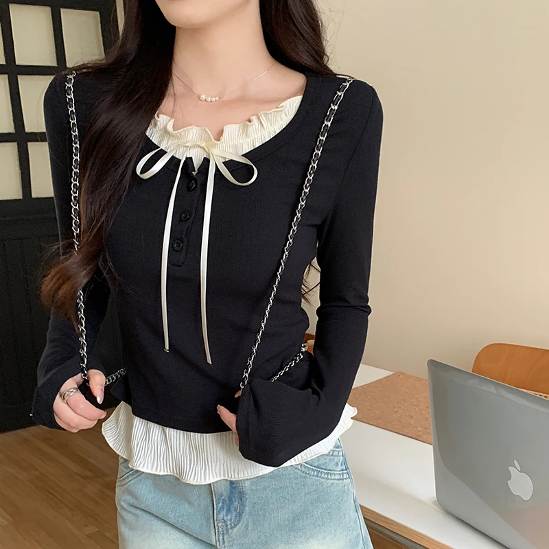 Korean Chic Lace-up Bow Long Sleeve T-shirts Women 2024 New Spring Autumn Fashion Patchwork Slim Tee Shirt Ladies Casual Tops
Korean Chic Lace-up Bow Long Sleeve T-shirts Women 2024 New Spring Autumn Fashion Patchwork Slim Tee Shirt Ladies Casual Tops
