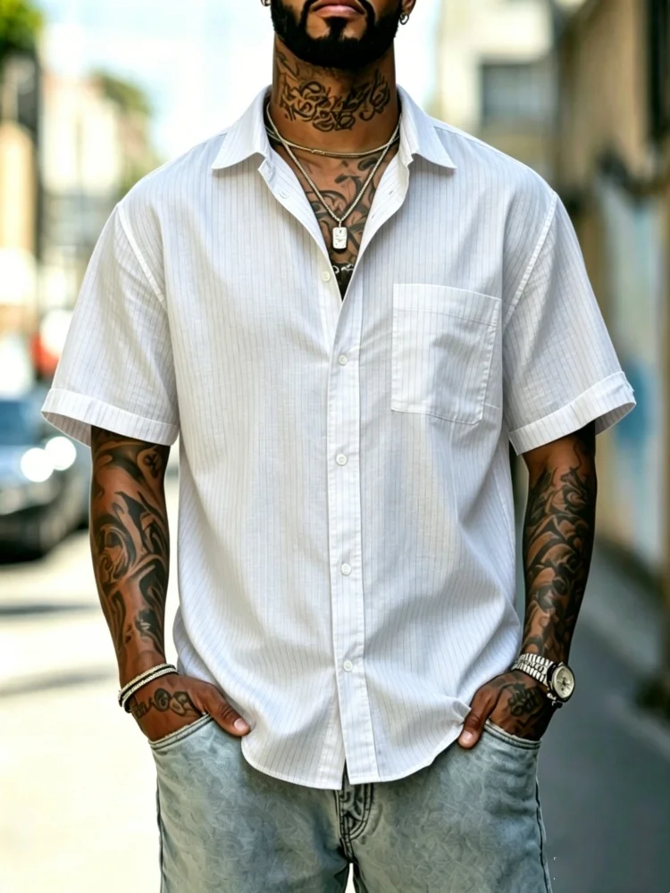 Men's White Pinstripe Short Sleeve Shirt With Chest Pocket, Loose Comfort Casual Button-Down Daily Wear Top
Men's White Pinstripe Short Sleeve Shirt With Chest Pocket, Loose Comfort Casual Button-Down Daily Wear Top