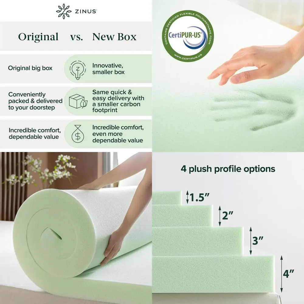Queen Size 3 Green Tea Infused Memory Foam Topper for Back Pain, Pressure Relief, Compact Packaging, CertiPUR-US Certified
Queen Size 3 Green Tea Infused Memory Foam Topper for Back Pain, Pressure Relief, Compact Packaging, CertiPUR-US Certified