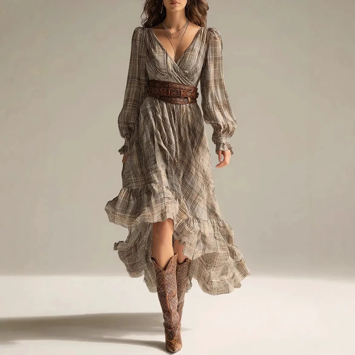 2026 European and American digital printing plaid V-neck long sleeve, ruffle edge dress
2026 European and American digital printing plaid V-neck long sleeve, ruffle edge dress