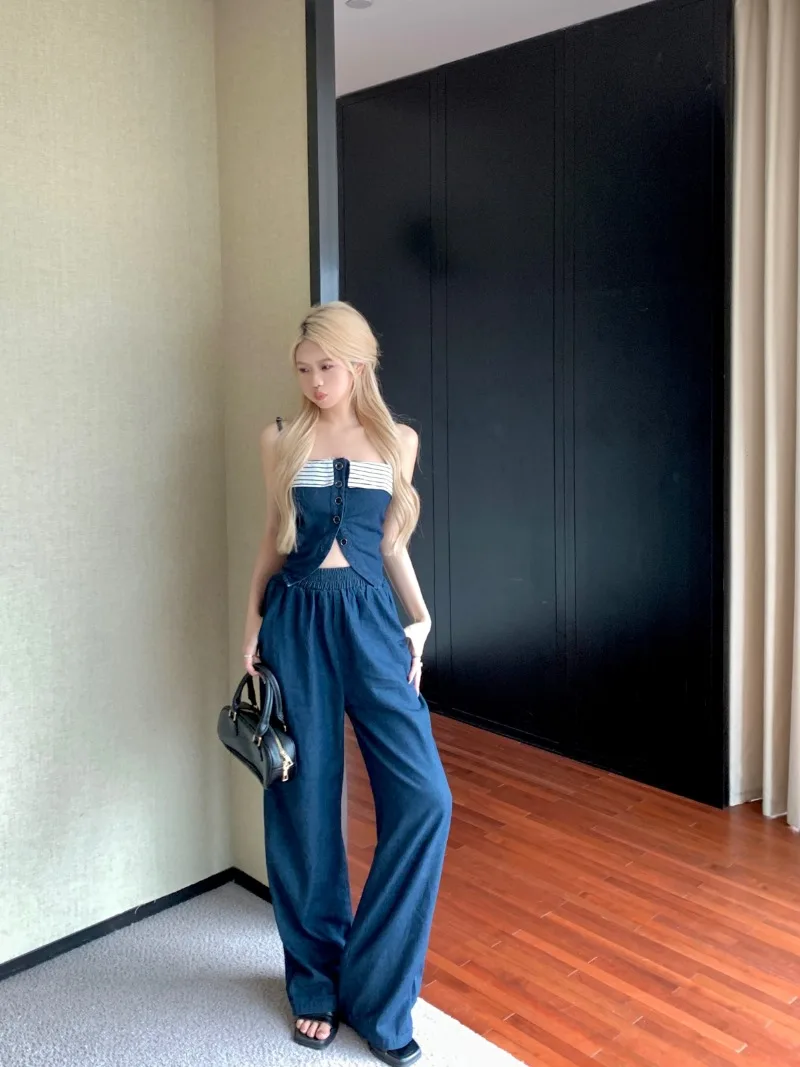 Hot Sweet Girls Two Piece Pants Sets Blue Striped Short Slim Camisole Tops + High Waist Denim Wide Leg Pants Streetwear Outfits
Hot Sweet Girls Two Piece Pants Sets Blue Striped Short Slim Camisole Tops + High Waist Denim Wide Leg Pants Streetwear Outfits