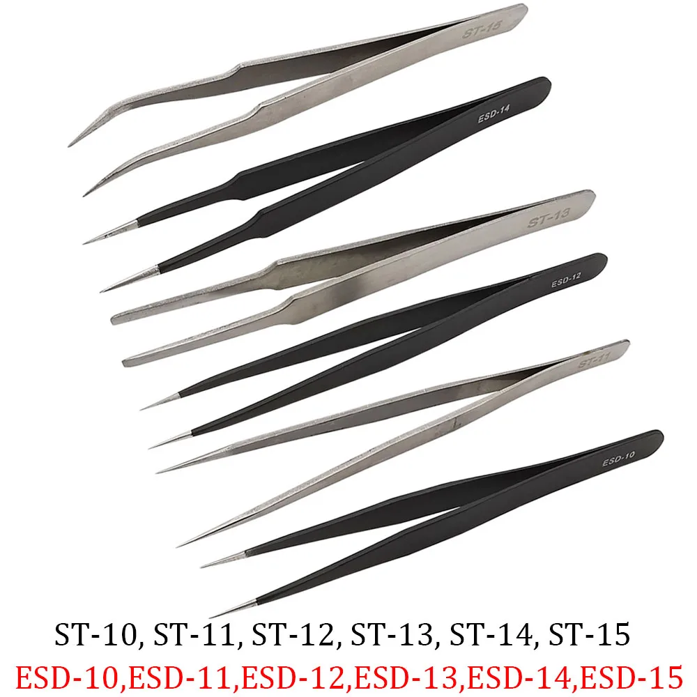 10Pcs ST/ESD10-15 Anti-static Stainless Steel Tweezers Repair Tool Electronics Industrial Tweezers Straight Elbow Pincet Clips
10Pcs ST/ESD10-15 Anti-static Stainless Steel Tweezers Repair Tool Electronics Industrial Tweezers Straight Elbow Pincet Clips