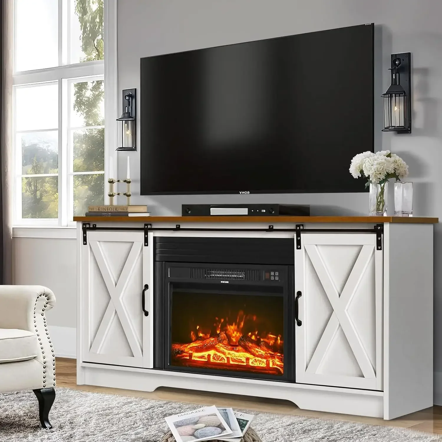 TV Stand with 23" Electric Fireplace, Entertainment Center with Adjustable Storage Cabinets, Console Table Living Room, White
TV Stand with 23" Electric Fireplace, Entertainment Center with Adjustable Storage Cabinets, Console Table Living Room, White