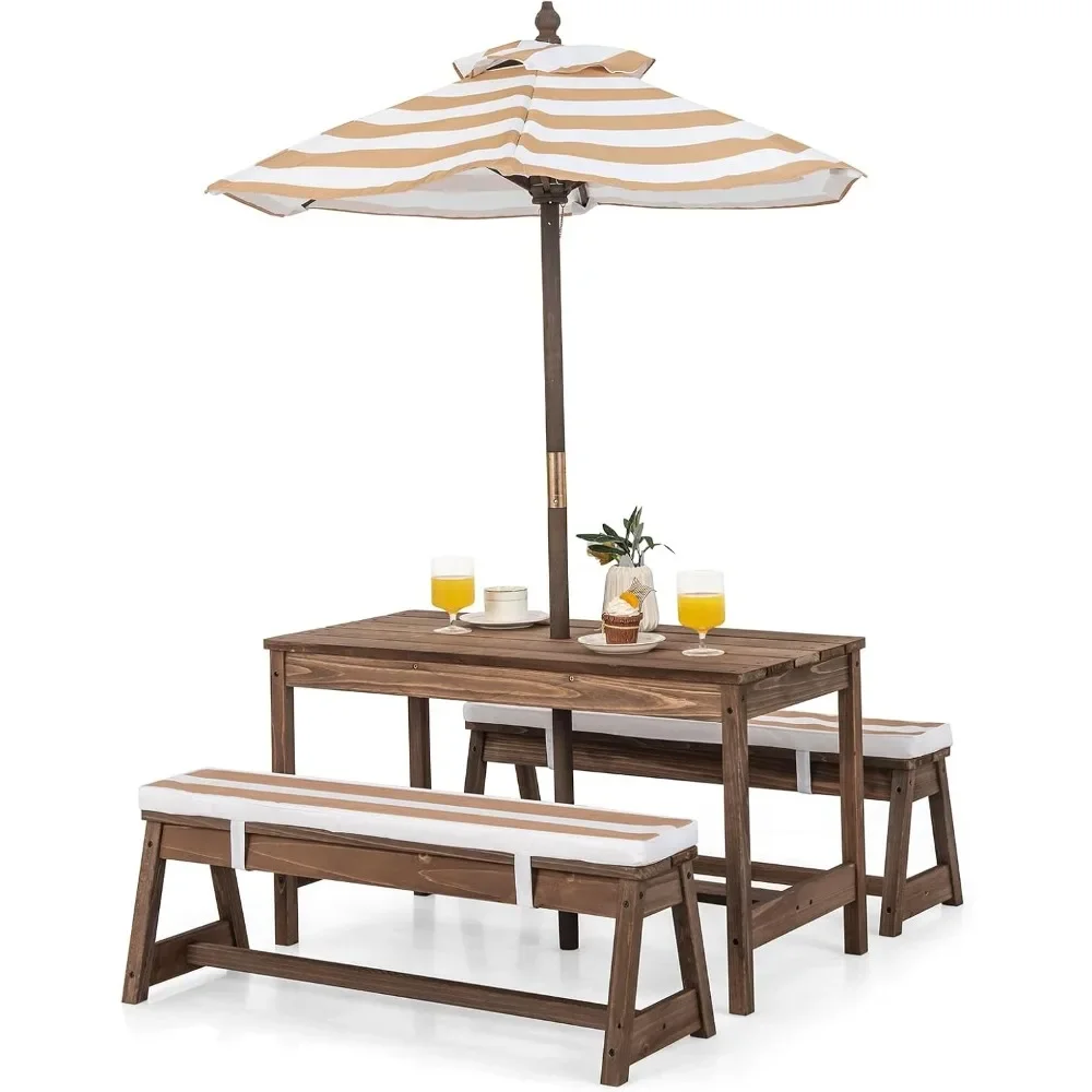Kids Picnic Table, Outdoor Wooden Table & Bench Set w/Removable Cushions and Umbrella, Stripe Fabric, Children Backyard Furnitu
Kids Picnic Table, Outdoor Wooden Table & Bench Set w/Removable Cushions and Umbrella, Stripe Fabric, Children Backyard Furnitu