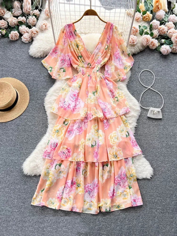 Women Summer Dress New Style Gentle Style Short Sleeve V-neck Printed Waist Closing Cake Dress Sweet Fairy Vestidos D2548
Women Summer Dress New Style Gentle Style Short Sleeve V-neck Printed Waist Closing Cake Dress Sweet Fairy Vestidos D2548