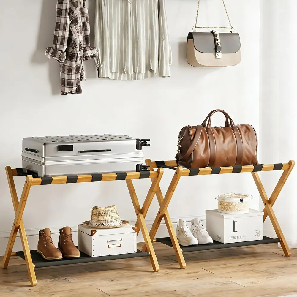 Двойная бамбуковая подставка для чемоданов с тканевой полкой для хранения, ширина 26,77 дюйма, для спальни или отеля (натуральный цвет)
Двойная бамбуковая подставка для чемоданов с тканевой полкой для хранения, ширина 26,77 дюйма, для спальни или отеля (натуральный цвет)