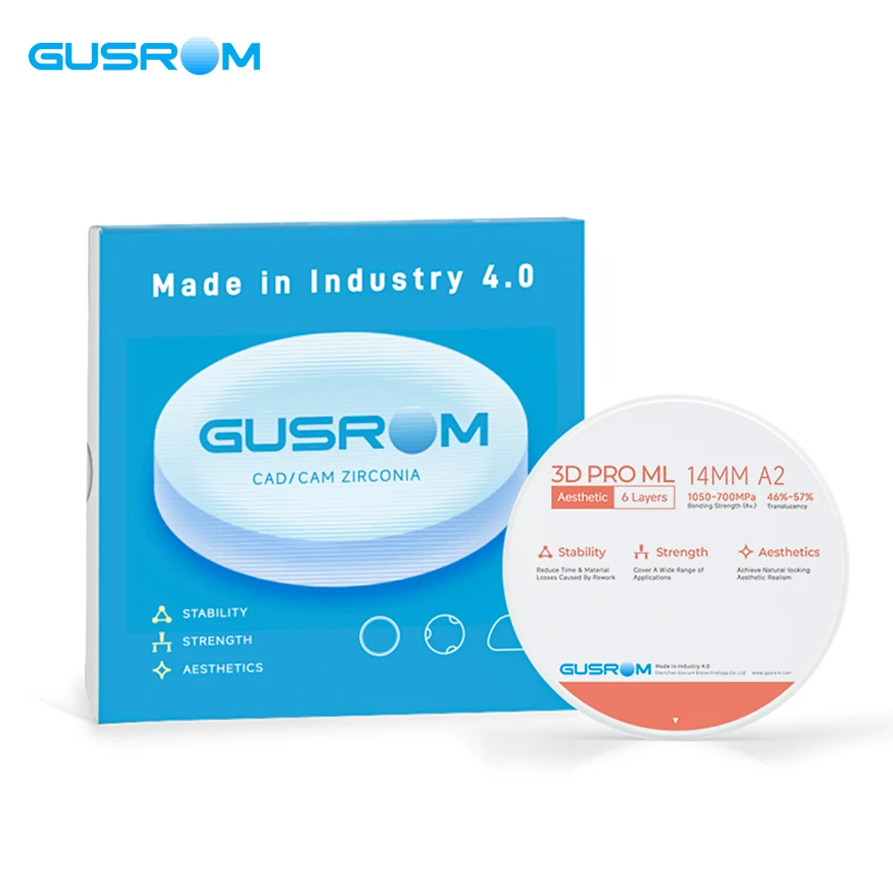 GUSROM 3D PRO ML Aesthetic Multilayer Zirconia Block 98x14mm 6-Layer High Strength 46%-57% Translucency Dental CAD/CAM Material
GUSROM 3D PRO ML Aesthetic Multilayer Zirconia Block 98x14mm 6-Layer High Strength 46%-57% Translucency Dental CAD/CAM Material