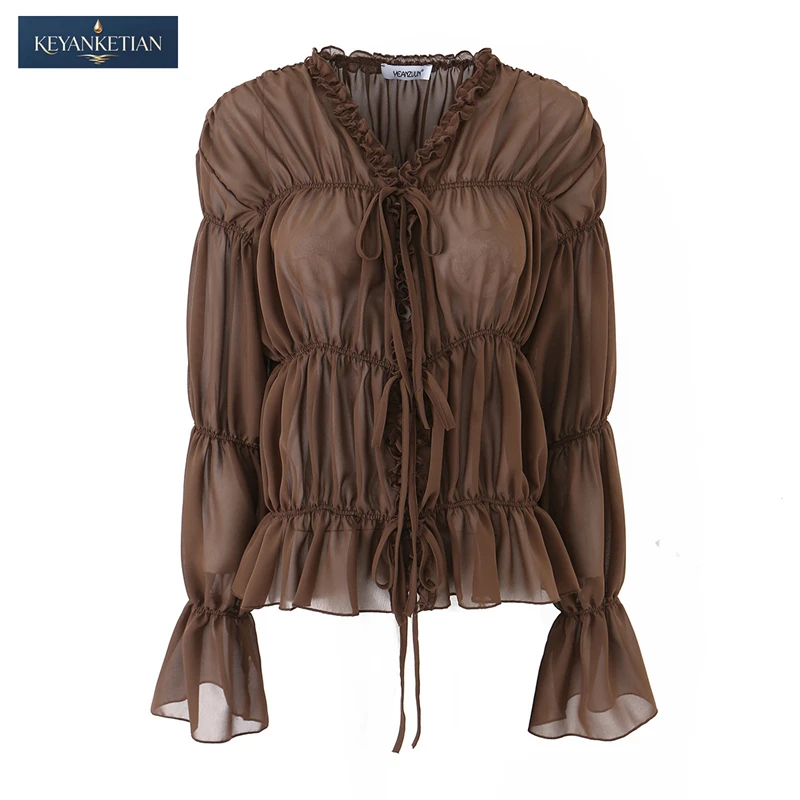 KEYANKETIAN 2026 Summer Boho Chic Chiffon Blouse Long Sleeves, Smocked Detailing Tiered Hem Tie Front Design Shirt Brown Top
KEYANKETIAN 2026 Summer Boho Chic Chiffon Blouse Long Sleeves, Smocked Detailing Tiered Hem Tie Front Design Shirt Brown Top