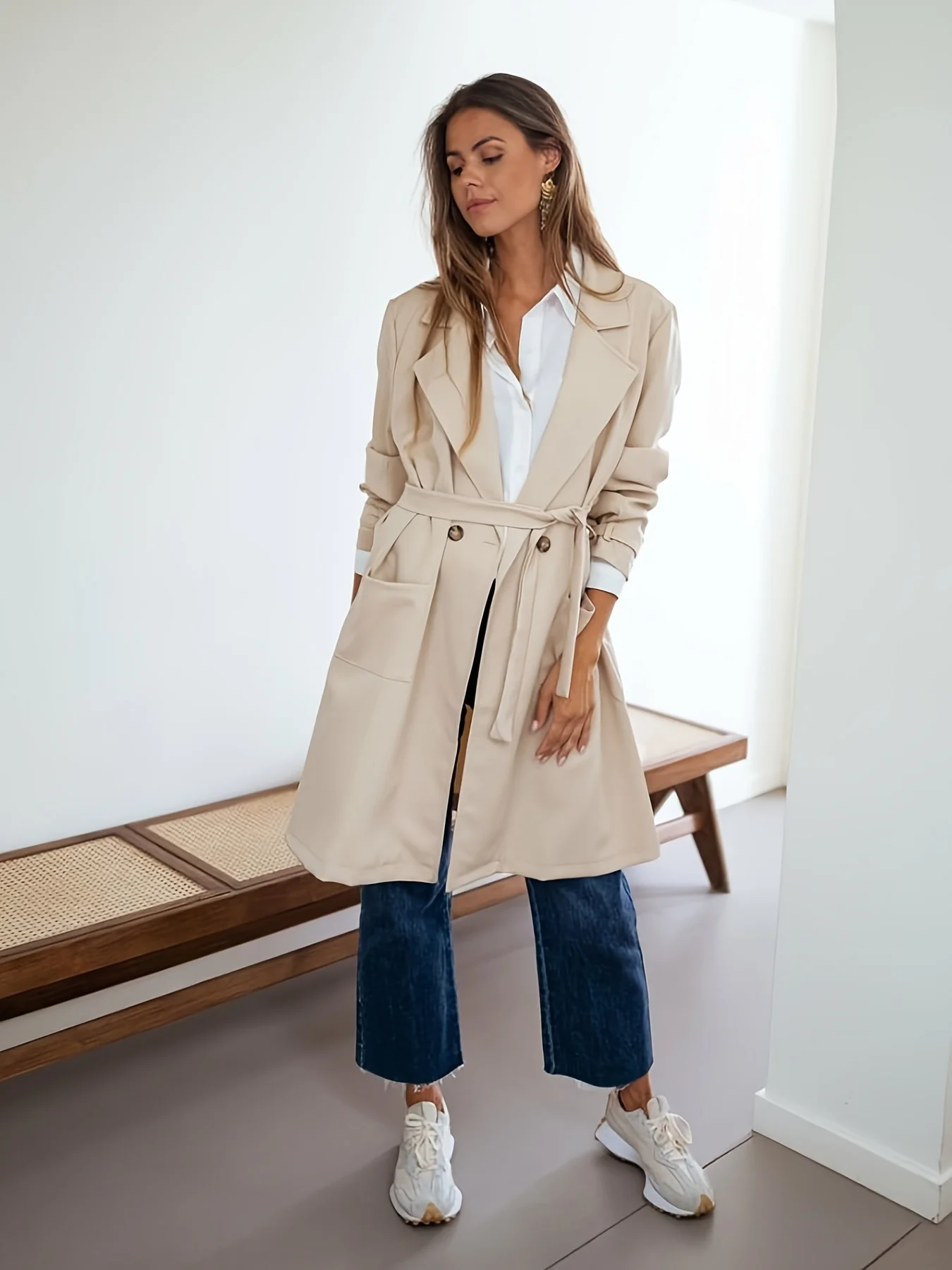 Women's Beige Belted Trench Coat - Double Breasted Mid Length Lapel Jacket
Women's Beige Belted Trench Coat - Double Breasted Mid Length Lapel Jacket