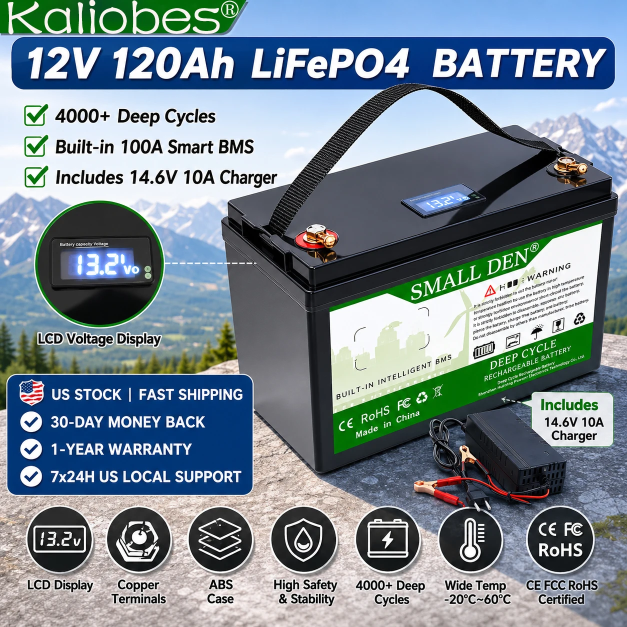 12V 120Ah Lithium Iron Phosphate Battery + 14.6V 10A Charger 4000+ Cycles Rechargeable Battery for CampingSolarSystemFishingBoat
12V 120Ah Lithium Iron Phosphate Battery + 14.6V 10A Charger 4000+ Cycles Rechargeable Battery for CampingSolarSystemFishingBoat