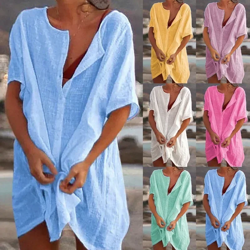 2025 Hot Sexy Beach Swimsuit Cover-Ups Women Blouse Beach Shirt Cotton Linen Long Blouse Fashion Casual Solid Color Beach Dress
2025 Hot Sexy Beach Swimsuit Cover-Ups Women Blouse Beach Shirt Cotton Linen Long Blouse Fashion Casual Solid Color Beach Dress