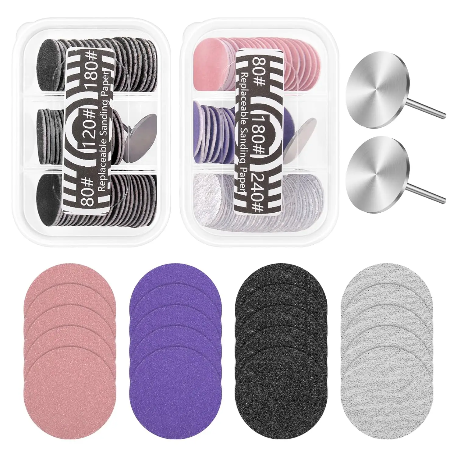 120 Pcs Sanding Paper Discs w/ 2 Metal Bits, 80/120/180/240 Grit, for Electric Nail File, Foot Callus Remover
120 Pcs Sanding Paper Discs w/ 2 Metal Bits, 80/120/180/240 Grit, for Electric Nail File, Foot Callus Remover