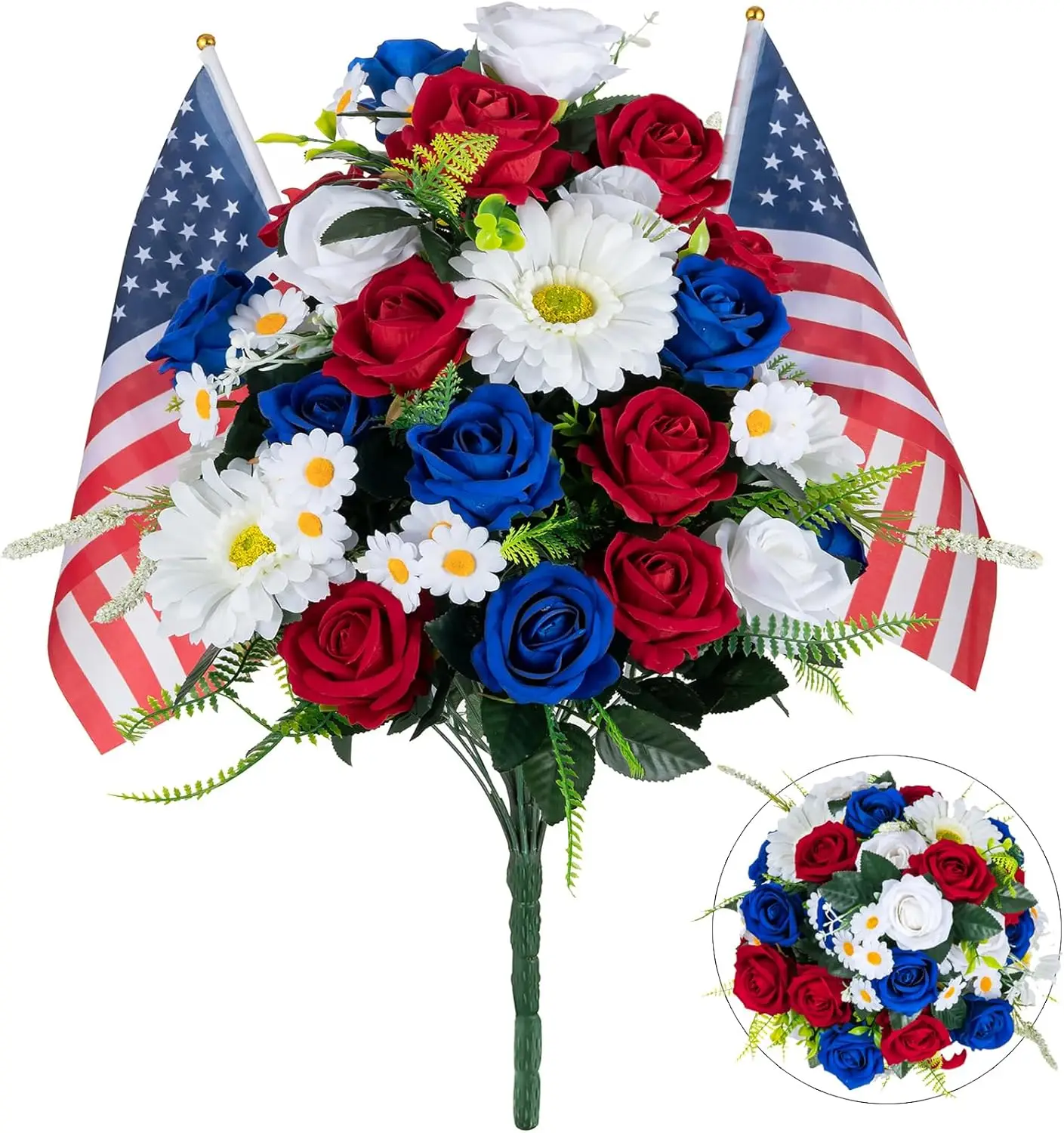 Memorial Day Flowers for Cemetery: Large 36 Heads Velvet Red White Blue Roses Bouquet with Flags for Veterans - Outdoor
Memorial Day Flowers for Cemetery: Large 36 Heads Velvet Red White Blue Roses Bouquet with Flags for Veterans - Outdoor