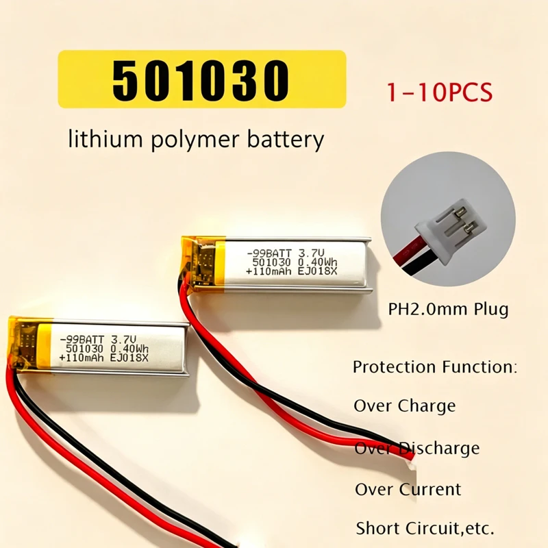 501030 Battery 110mAh 3.7V Lipo Rechargeable Polymer Lithium Batteries for Wireless Bluetooth Headset Tws Induction Pen LED GPS
501030 Battery 110mAh 3.7V Lipo Rechargeable Polymer Lithium Batteries for Wireless Bluetooth Headset Tws Induction Pen LED GPS