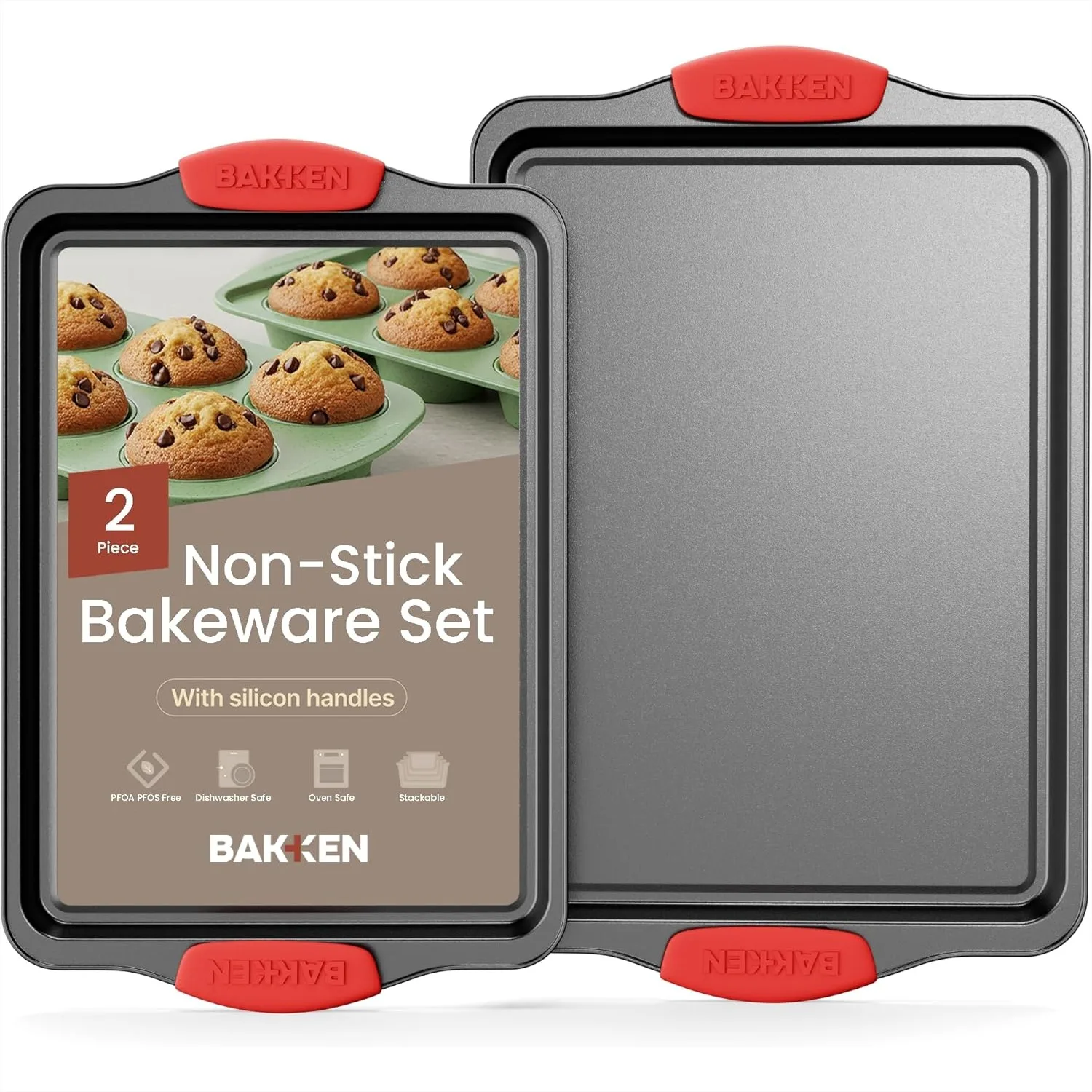 Nonstick Carbon Steel Baking Sheets 2-Pack, Medium & Large Oven Trays with Red Silicone Handles, PFOA-Free
Nonstick Carbon Steel Baking Sheets 2-Pack, Medium & Large Oven Trays with Red Silicone Handles, PFOA-Free