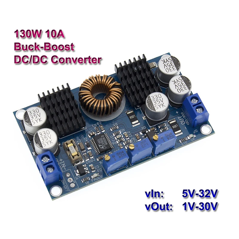 130W 10A DC-DC Buck Boost Converter Solar Charging Power Supply Module Adjustable 5-32V To 1-30V Voltage Regulators LED Driver 
130W 10A DC-DC Buck Boost Converter Solar Charging Power Supply Module Adjustable 5-32V To 1-30V Voltage Regulators LED Driver