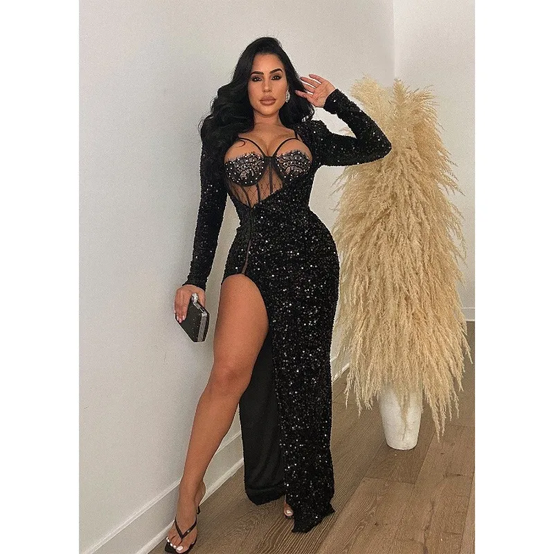 2 PCS Sequins Maxi Evening Party Dress with Diamonds Lace Bustier Bodysuits Women Sexy Full Sleeve High Split Long Robe Clubwear
2 PCS Sequins Maxi Evening Party Dress with Diamonds Lace Bustier Bodysuits Women Sexy Full Sleeve High Split Long Robe Clubwear