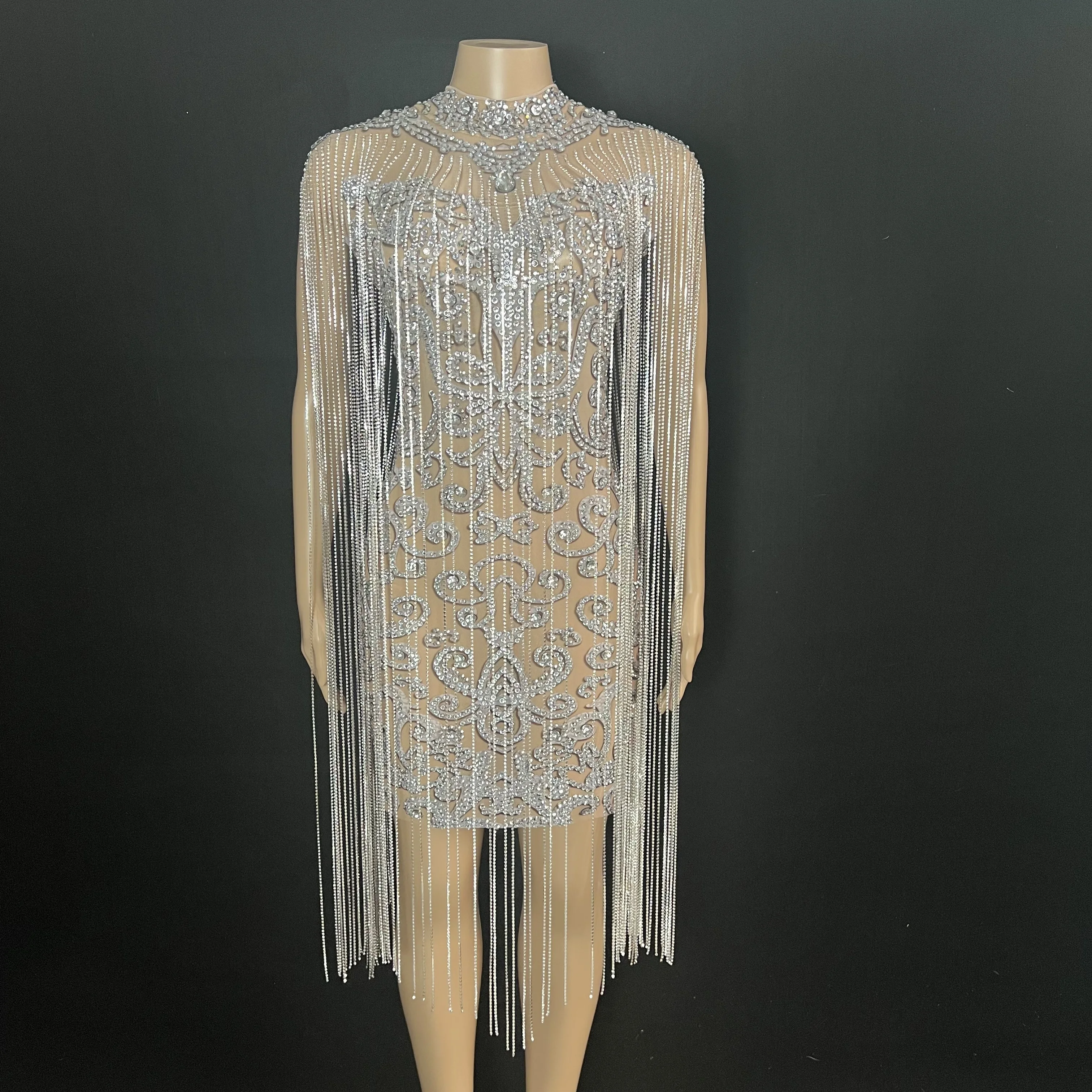 Stage Party Rhinestone Dress Silver Crystal Chain Tassel Long Sleeve Transparent Wedding Prom Costume
Stage Party Rhinestone Dress Silver Crystal Chain Tassel Long Sleeve Transparent Wedding Prom Costume