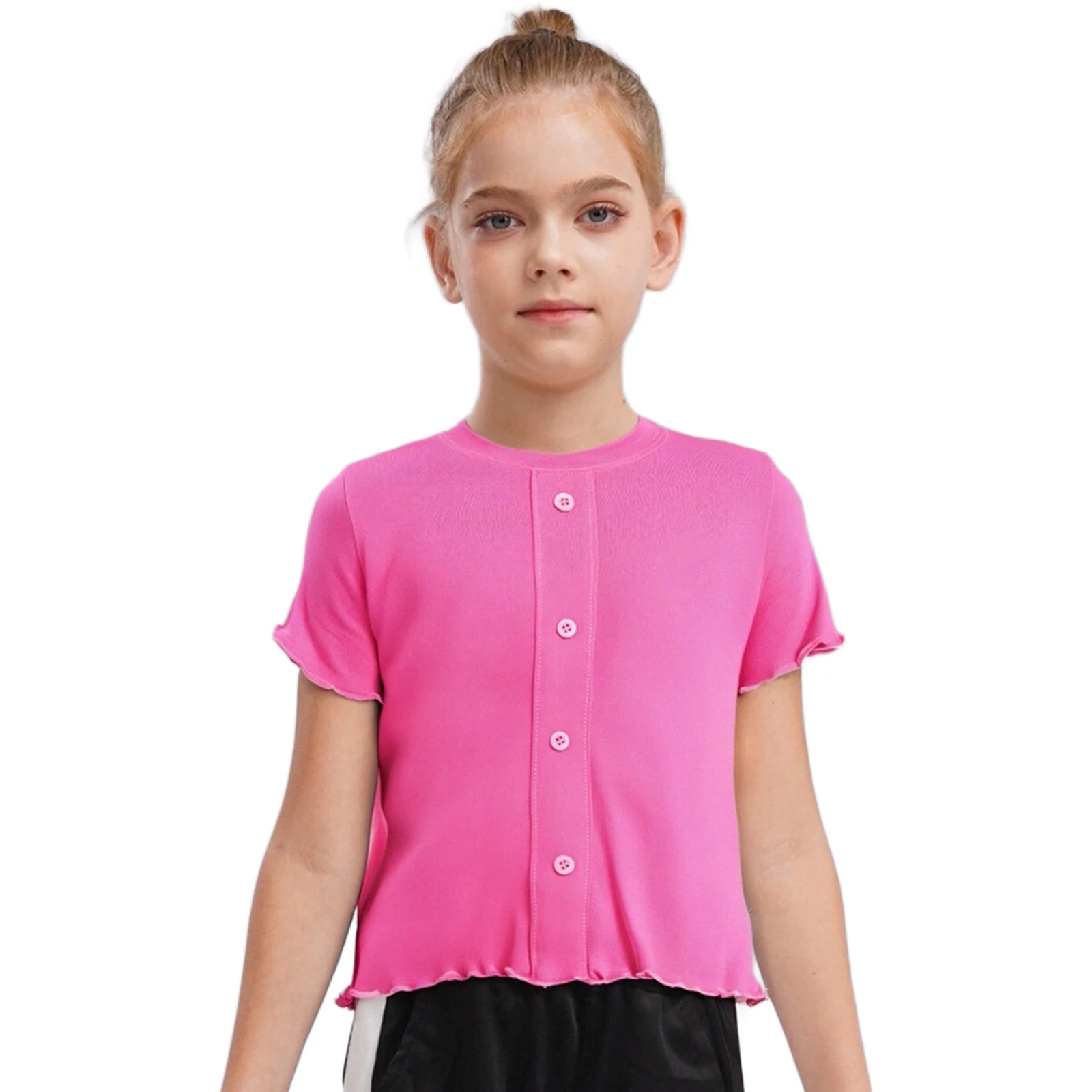 Kids Girls T-shirt Summer Casual Short Sleeves Lettuce Hem Shirt Round Neck Button Solid Color Tee Top for School Picnic Park 
Kids Girls T-shirt Summer Casual Short Sleeves Lettuce Hem Shirt Round Neck Button Solid Color Tee Top for School Picnic Park