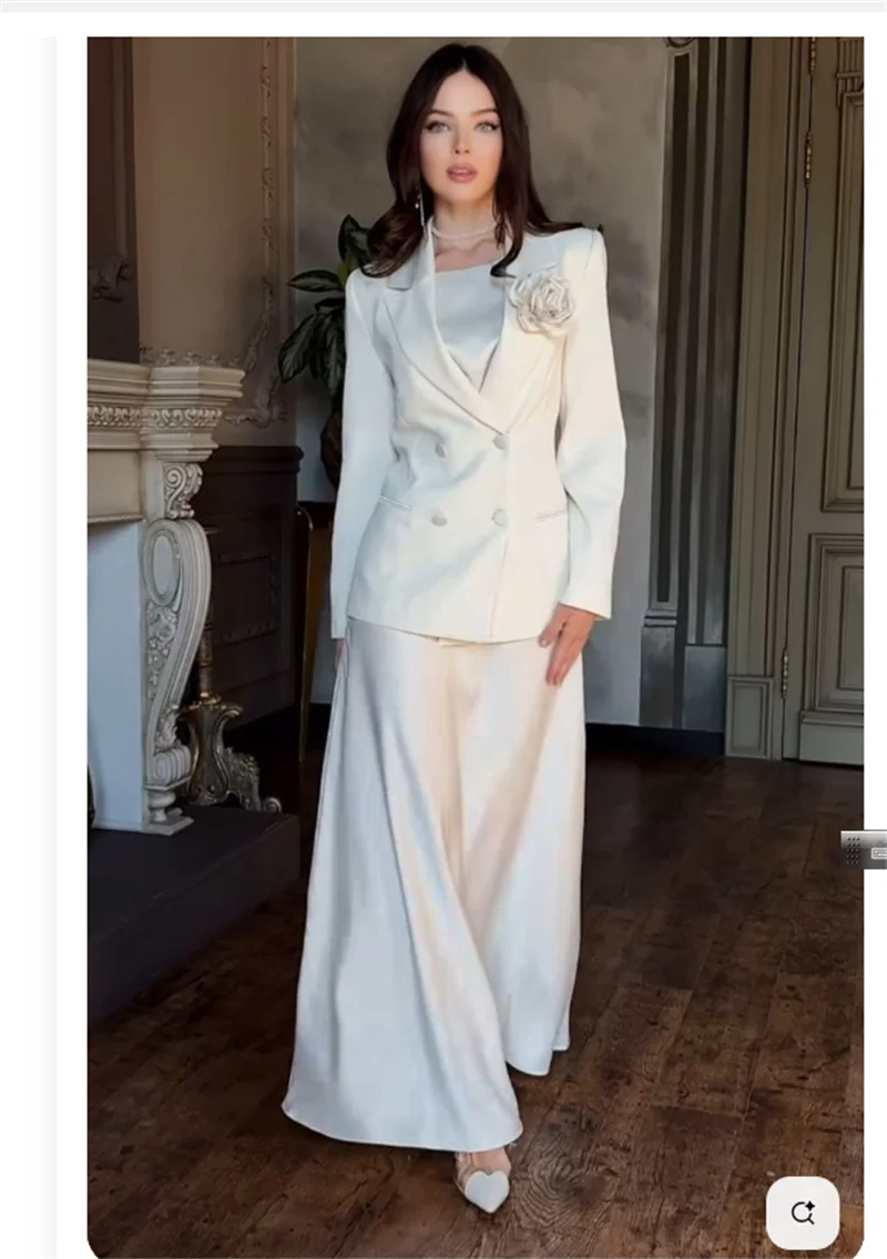 White Satin Women Suit Skirt Set 2 Piece Blazer+Prom Dress 3D Flower Formal Office Jacket Customized Wedding Tuxedos Coat
White Satin Women Suit Skirt Set 2 Piece Blazer+Prom Dress 3D Flower Formal Office Jacket Customized Wedding Tuxedos Coat