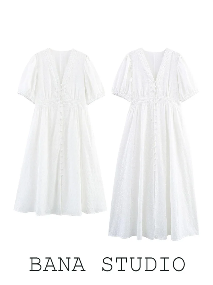 BANA White Lace Hollow V-neck Short Sleeve Dress Women's Summer High Waist Long Dress Elegant Sensation Button Closure Dress
BANA White Lace Hollow V-neck Short Sleeve Dress Women's Summer High Waist Long Dress Elegant Sensation Button Closure Dress