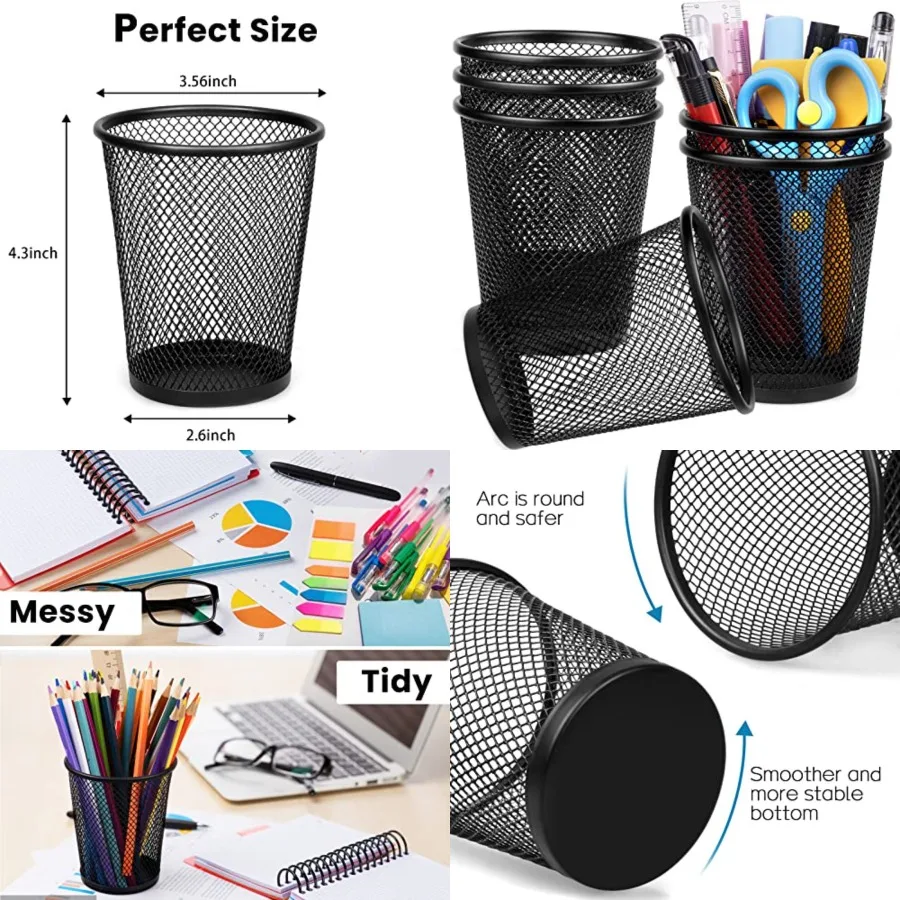 Mesh Pencil Holder Metal Pen Cup Black for Desk, 6 Pack Office Desk Organizer for Business, School and Home
Mesh Pencil Holder Metal Pen Cup Black for Desk, 6 Pack Office Desk Organizer for Business, School and Home
