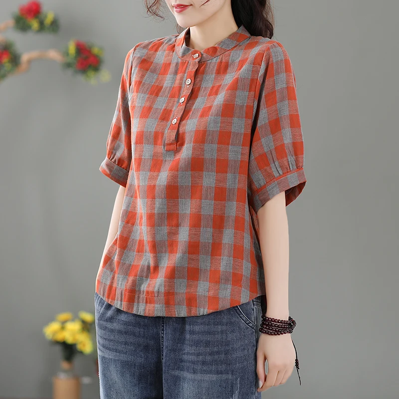 Loose Cotton Linen ort Sve Women's Summer irt Retro Plaid Top Button Design Stand Collar Regular Thin Resistant t...
Loose Cotton Linen ort Sve Women's Summer irt Retro Plaid Top Button Design Stand Collar Regular Thin Resistant t...