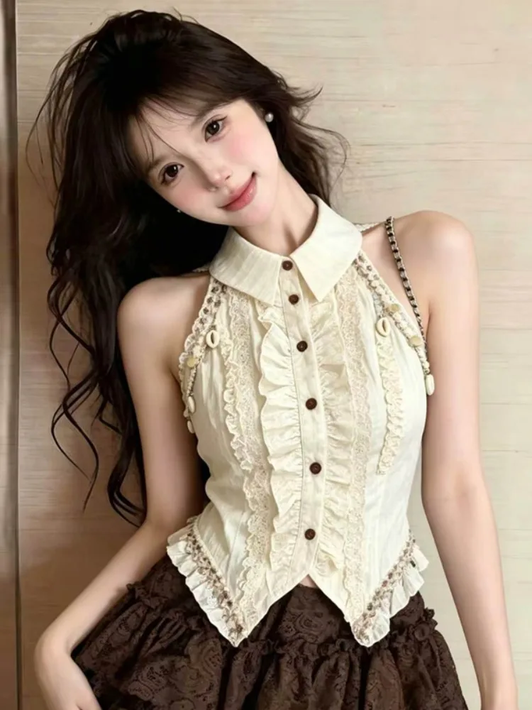 Sweet Lace Neck Hanging Shirt Women's Short Sleeveless Collar Top Korean Style Commute Pure Color Polyester Fiber
Sweet Lace Neck Hanging Shirt Women's Short Sleeveless Collar Top Korean Style Commute Pure Color Polyester Fiber