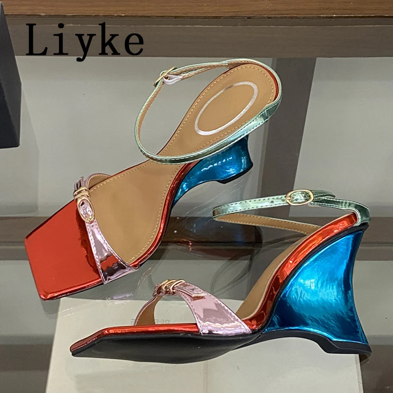 Liyke Designer Blue Patent Leather Wedge Heel Slippers Fashion Buckle Strap Square Toe High Heels Wedding Prom Shoe Women Sandal
Liyke Designer Blue Patent Leather Wedge Heel Slippers Fashion Buckle Strap Square Toe High Heels Wedding Prom Shoe Women Sandal