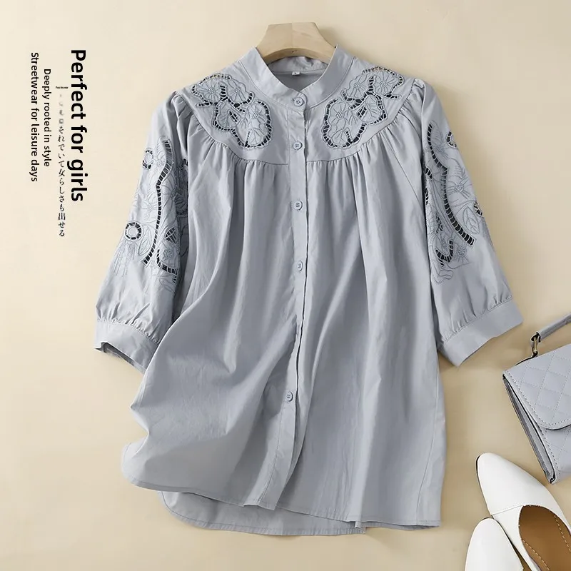 Embroidered Hollow out Cotton Blend 7/8 Sleeve Shirt Women Summer Loose Casual Shirt Thin Cotton Material Button Detail
Embroidered Hollow out Cotton Blend 7/8 Sleeve Shirt Women Summer Loose Casual Shirt Thin Cotton Material Button Detail