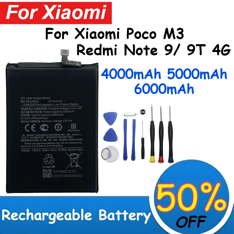 BN62 Mobile Phone Battery 4000mAh-6000mAh Capacity for Xiaomi Poco M3 Redmi Note 9/ 9T 4G Batteries Rechargeable
BN62 Mobile Phone Battery 4000mAh-6000mAh Capacity for Xiaomi Poco M3 Redmi Note 9/ 9T 4G Batteries Rechargeable