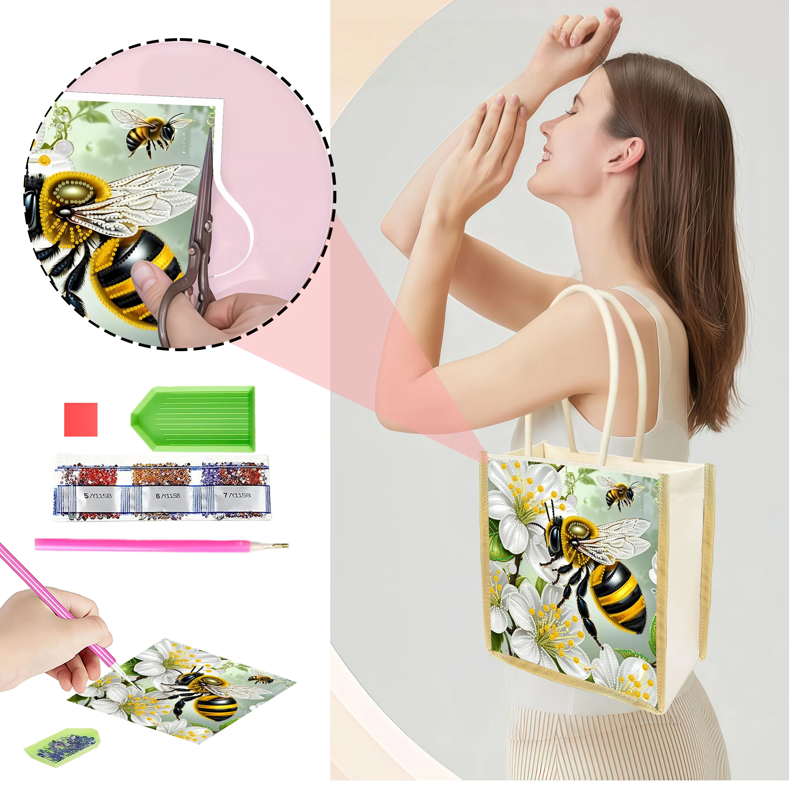 One DIY diamond art bee-pattern handbag, with a simple design, lightweight and practical, suitable for storage and shopping.
One DIY diamond art bee-pattern handbag, with a simple design, lightweight and practical, suitable for storage and shopping.