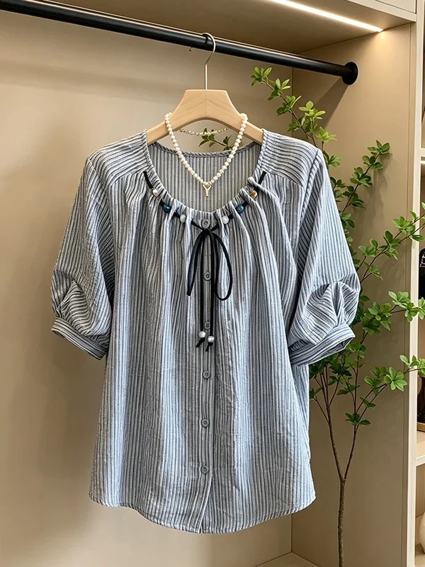Summer New Design Large Size round Neck Shirt Women's Elegant Pleated Striped Top Korean Style Commute Fashion Loose Fit Shor...
Summer New Design Large Size round Neck Shirt Women's Elegant Pleated Striped Top Korean Style Commute Fashion Loose Fit Shor...