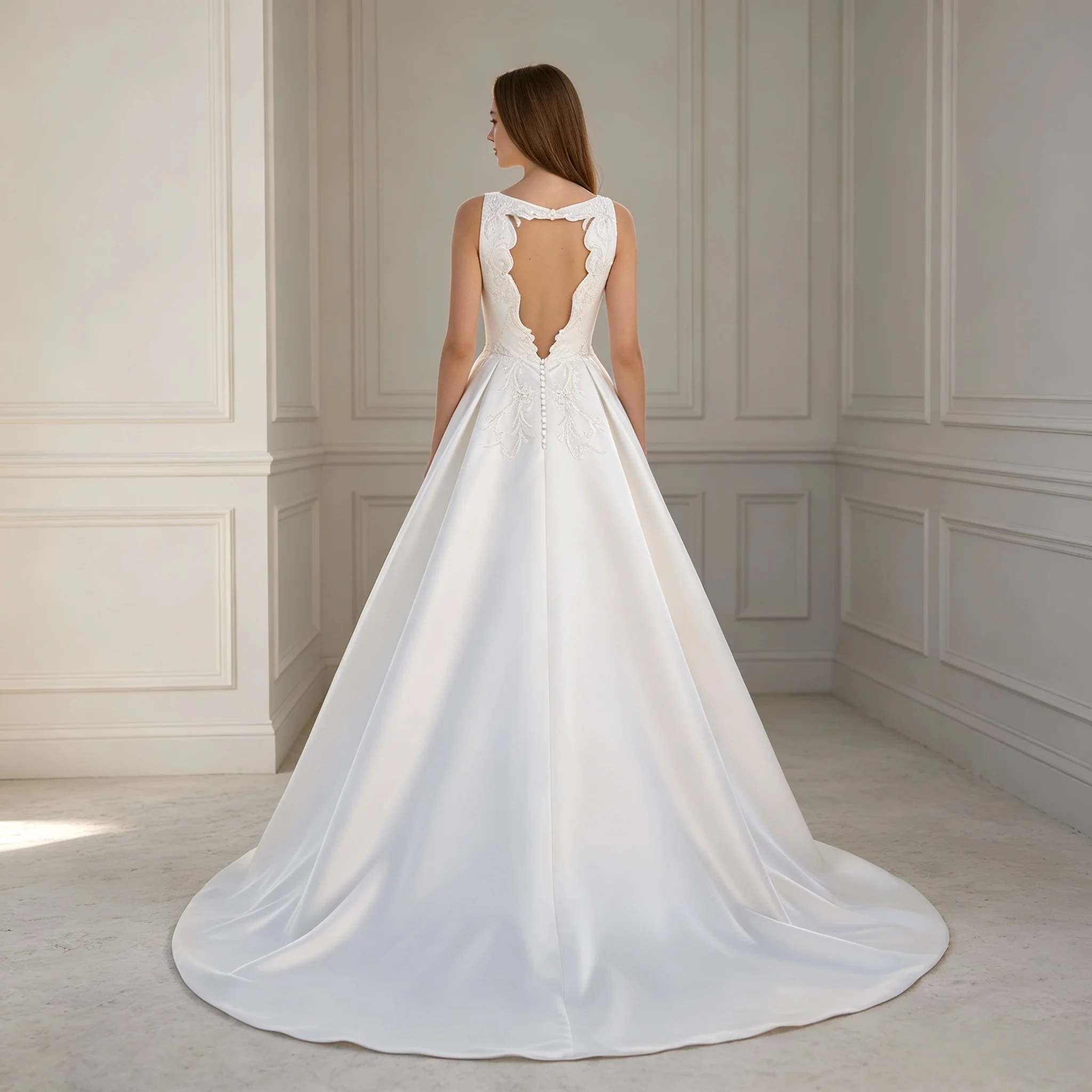 Sleeveless Boat Neck Satin A Line Wedding Dress Floral Sequin Lace Heart Cutout Back Detachable Tulle Cape Classic Bridal Gown
Sleeveless Boat Neck Satin A Line Wedding Dress Floral Sequin Lace Heart Cutout Back Detachable Tulle Cape Classic Bridal Gown