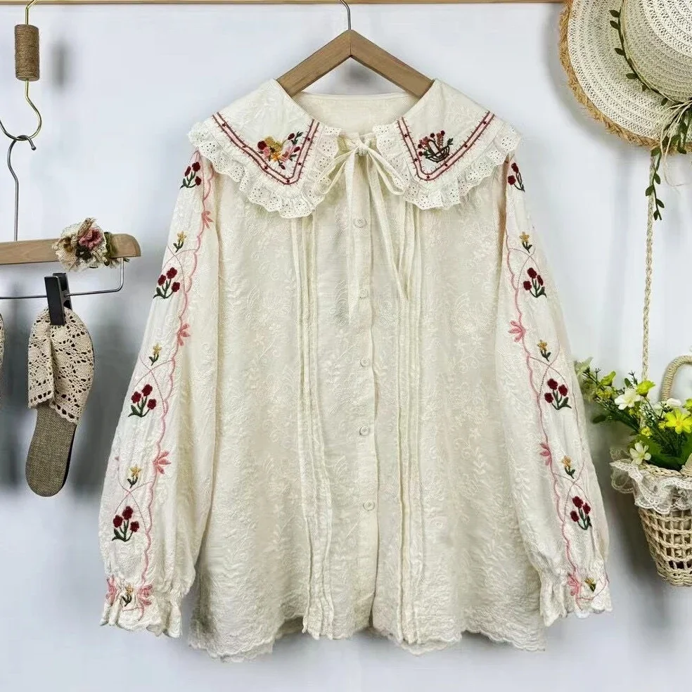 Vintage Cotton Floral Embroidery Ruffled Lace Long Sleeve Shirt Cottagecore Japanese Mori Girl Sweet Kawaii Cute Rococo Blouse
Vintage Cotton Floral Embroidery Ruffled Lace Long Sleeve Shirt Cottagecore Japanese Mori Girl Sweet Kawaii Cute Rococo Blouse