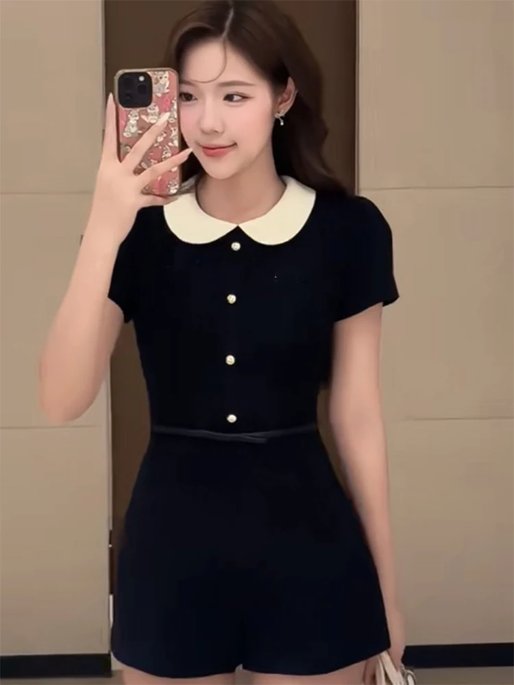 Cute Collar Color Block Short Sleeve Romper Women's Elegant Lady Waist Cinching Slimming Shorts High Waist Commute Style
Cute Collar Color Block Short Sleeve Romper Women's Elegant Lady Waist Cinching Slimming Shorts High Waist Commute Style