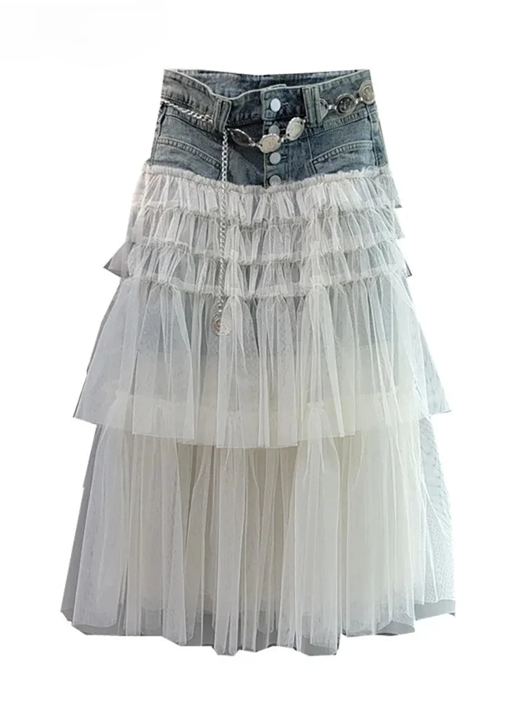 Women's Denim Skirt High Waist Patchwork Multi-layer Mesh A-line Gauze Elegant Long Skirts 2025 Spring New Fashion
Women's Denim Skirt High Waist Patchwork Multi-layer Mesh A-line Gauze Elegant Long Skirts 2025 Spring New Fashion