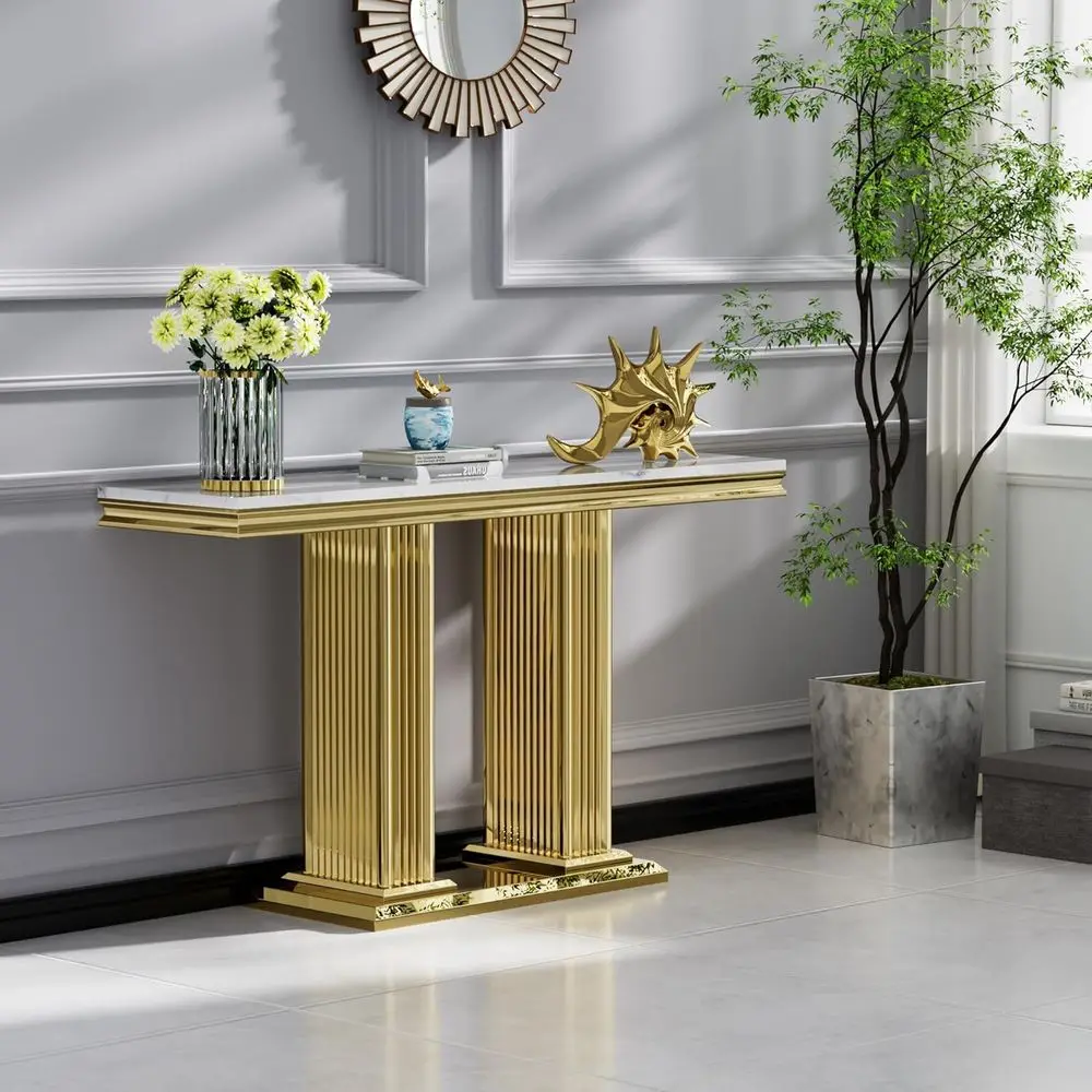 Elegant 47 White Marble Console Table with Gold Mirrored Stainless Steel Base, Ideal for Entryways, Halls, and Living Spaces
Elegant 47 White Marble Console Table with Gold Mirrored Stainless Steel Base, Ideal for Entryways, Halls, and Living Spaces