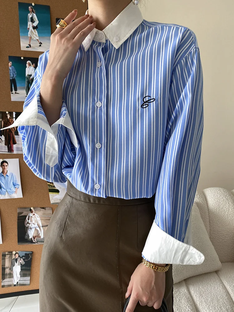 Blue Striped Shirts For Women Lapel Single Breasted Color Block Shirt Office Lady Loose Chic Top 2022 Autumn M876
Blue Striped Shirts For Women Lapel Single Breasted Color Block Shirt Office Lady Loose Chic Top 2022 Autumn M876