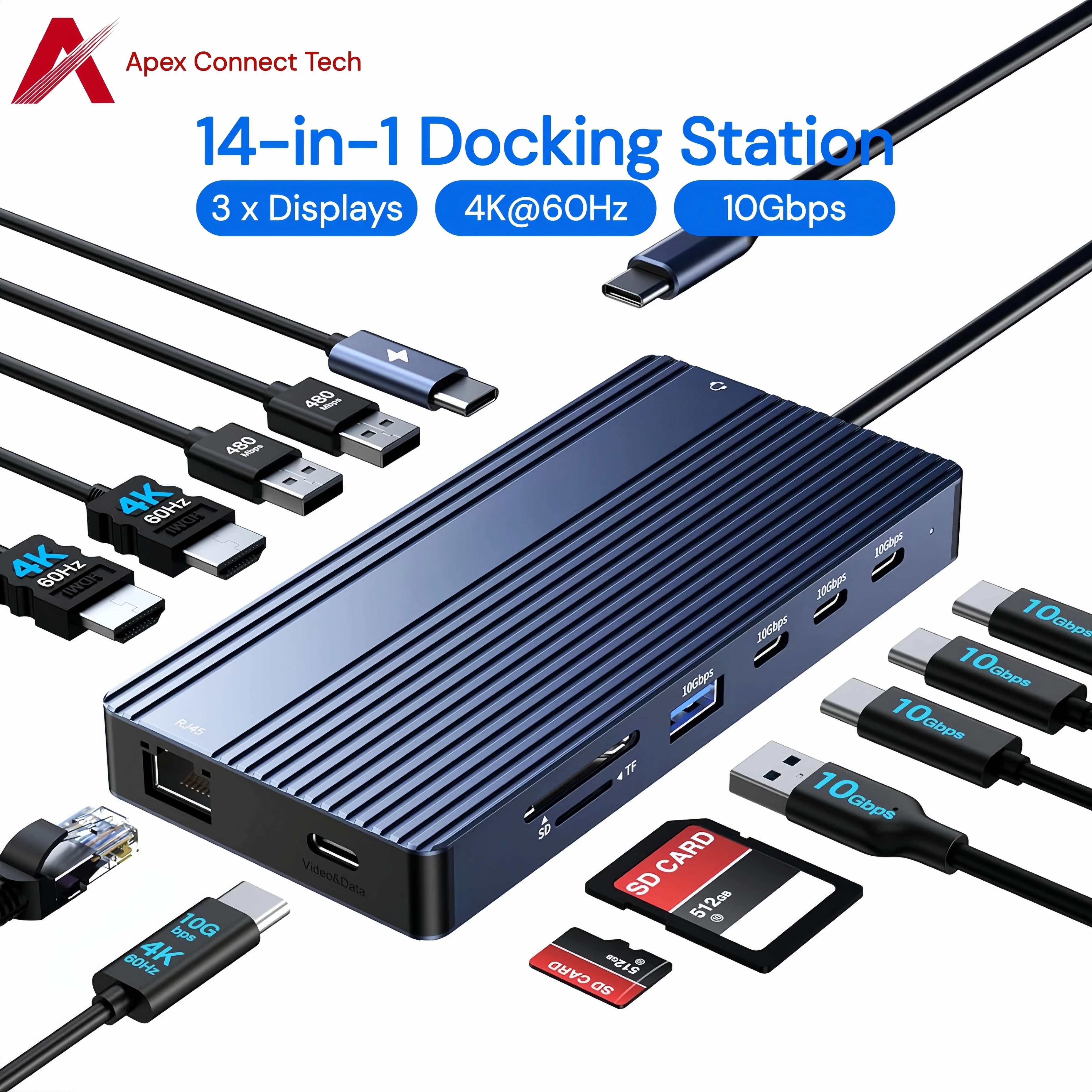 USB C Docking Station Dual HDMI DP Alt Mode 4K 60Hz LAN Triple Display Video Output 10Gbps 100W PD Audio Card Reader for Laptop