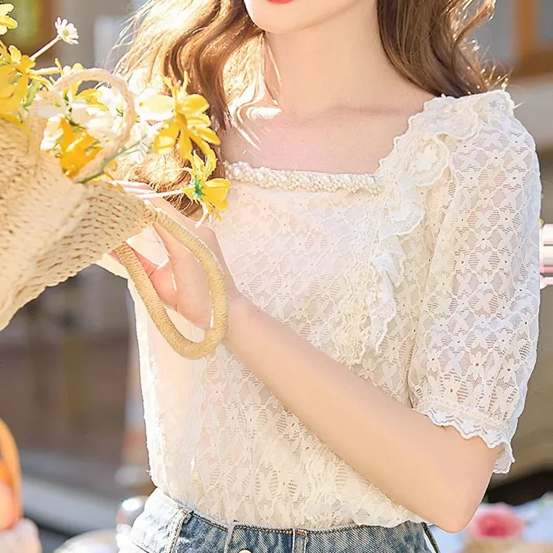 Women's French Style Square Neck Lace Blouse Summer Short Sleeve Petite Elegant Sheer Plus Size Top
Women's French Style Square Neck Lace Blouse Summer Short Sleeve Petite Elegant Sheer Plus Size Top