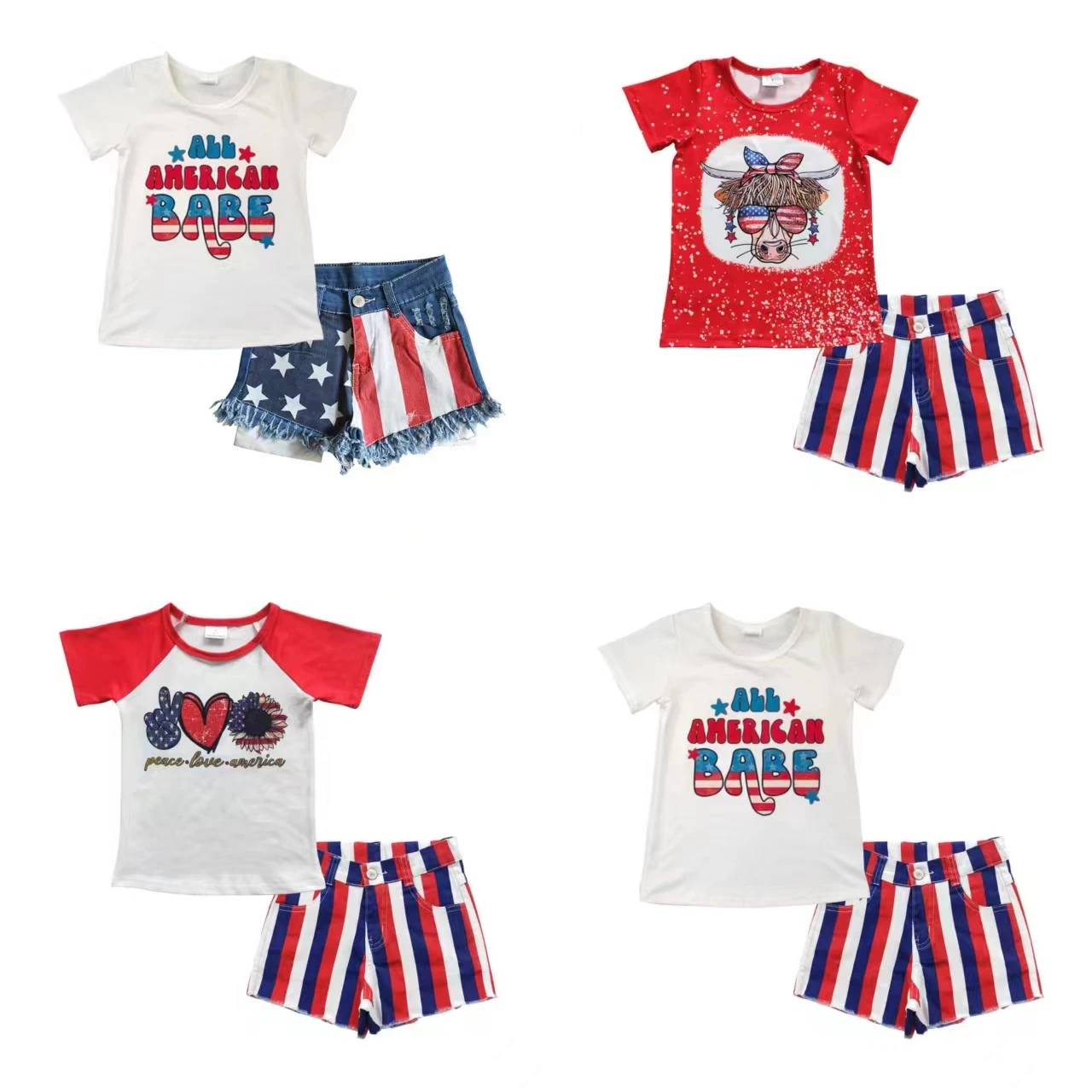 Wholesale Toddler July 4th Summer Red Short Sleeves Outfit Baby Girl Letter Babe Top Star Striped Denim Shorts Children Kid Set
Wholesale Toddler July 4th Summer Red Short Sleeves Outfit Baby Girl Letter Babe Top Star Striped Denim Shorts Children Kid Set