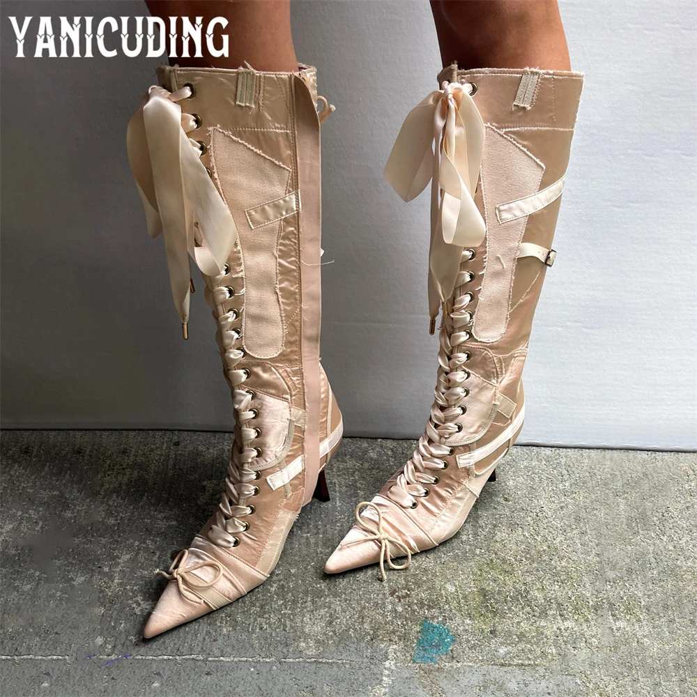 Nude and Pink Satin Knee-High Boots Wood Heel Eyelet Ribbon Decorative Strappy Boots Sweet Fashion Style Handmade Women's Boots
Nude and Pink Satin Knee-High Boots Wood Heel Eyelet Ribbon Decorative Strappy Boots Sweet Fashion Style Handmade Women's Boots